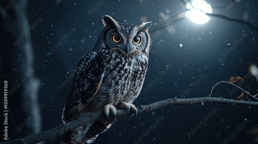 An owl perched on a tree branch during nightfall, with the moon full and bright behind it, blanketing the scene in snow An owl perched on a tree branch during nightfall, with the moon full and bright behind it, blanketing the scene in snow