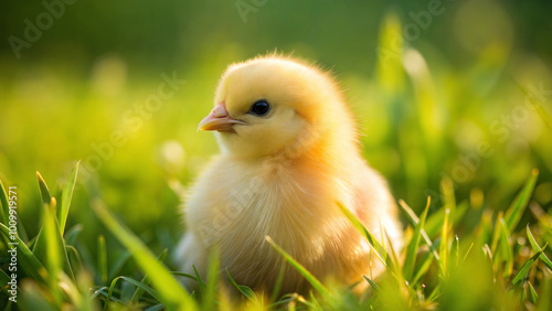 Yellow fluffy little chick in the green grass