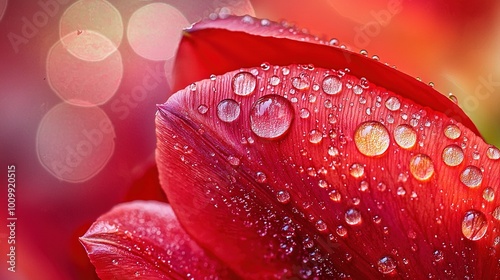  A macro shot of a crimson blossom with dewdrops and a hazy backdrop of light sources