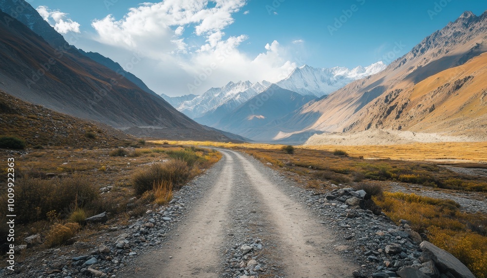 A winding dirt road leads through a valley surrounded by snow-capped mountains under a clear blue sky with white clouds.