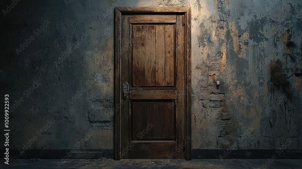  A dimly lit space featuring a central wooden door illuminated by light filtering through the top