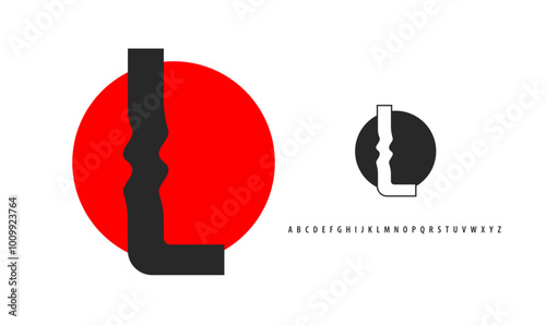 Letter L silhouette on red sun, twisting alphabet. Japanese logo for sushi roll restaurant logo, asian cultural event logotype. Vector logo and typeset