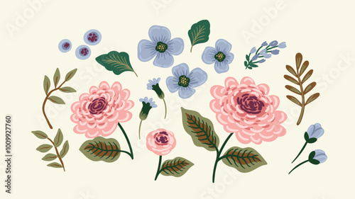 Set of floral design elements. Leaves, flowers, grass branches berries. Vector