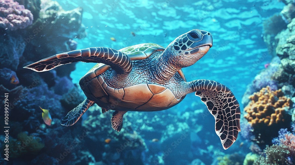 Obraz premium An artistically rendered depiction of a turtle gliding through the sea with vibrant coral reefs and diverse marine life in sharp focus