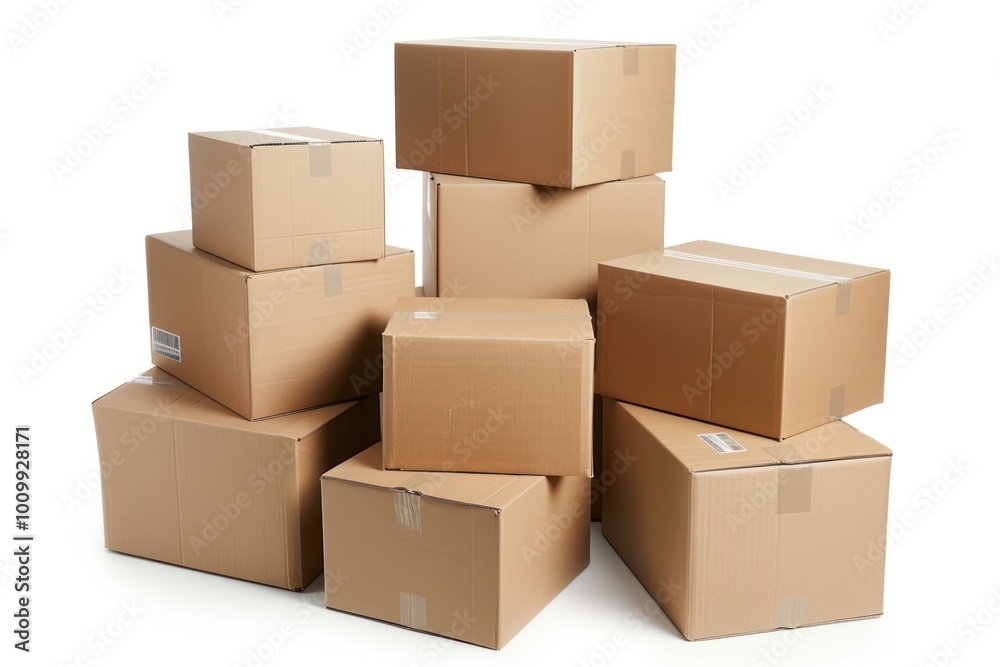 Stacked moving boxes cardboard carton white background.