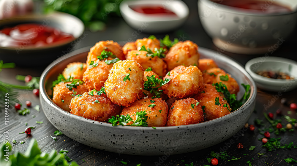 Fried potato balls with parsley in a bowl Fried potato balls with parsley in a bowl