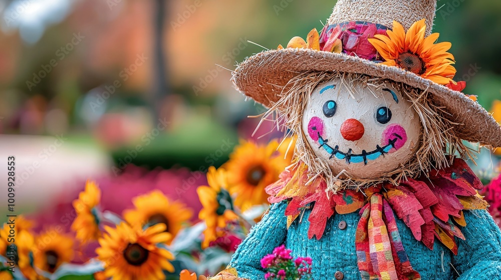 Obraz premium Colorful Scarecrow Surrounded by Sunflowers in Garden