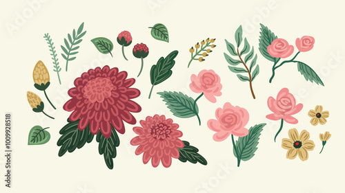 Set of floral design elements. Leaves, flowers, grass branches berries. Vector