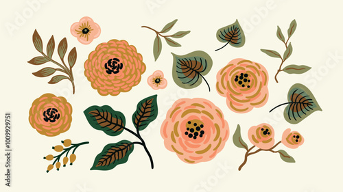Set of floral design elements. Leaves, flowers, grass branches berries. Vector