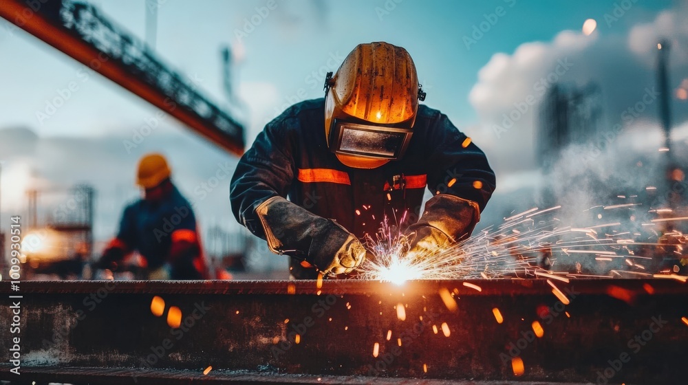 A group of skilled welders works diligently together at a construction site during sunset, highlighting their expertise and the sparks flying from their tools A group of skilled welders works diligently together at a construction site during sunset, highlighting their expertise and the sparks flying from their tools