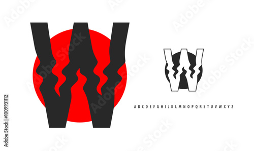 Letter W silhouette on red sun, twisting alphabet. Japanese logo for sushi roll restaurant logo, asian cultural event logotype. Vector logo and typeset