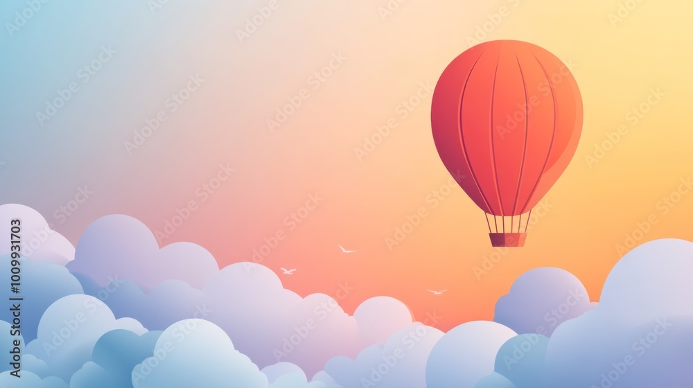 Fototapeta premium Red Hot Air Balloon Soaring Through Clouds