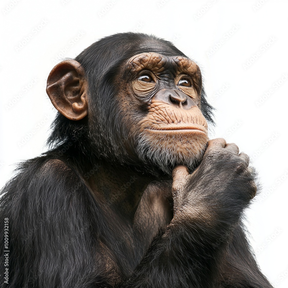 contemplative chimpanzee sits in a peaceful pose, hand resting on its chin, conveying a sense of curiosity and reflection against a stark white backdrop.