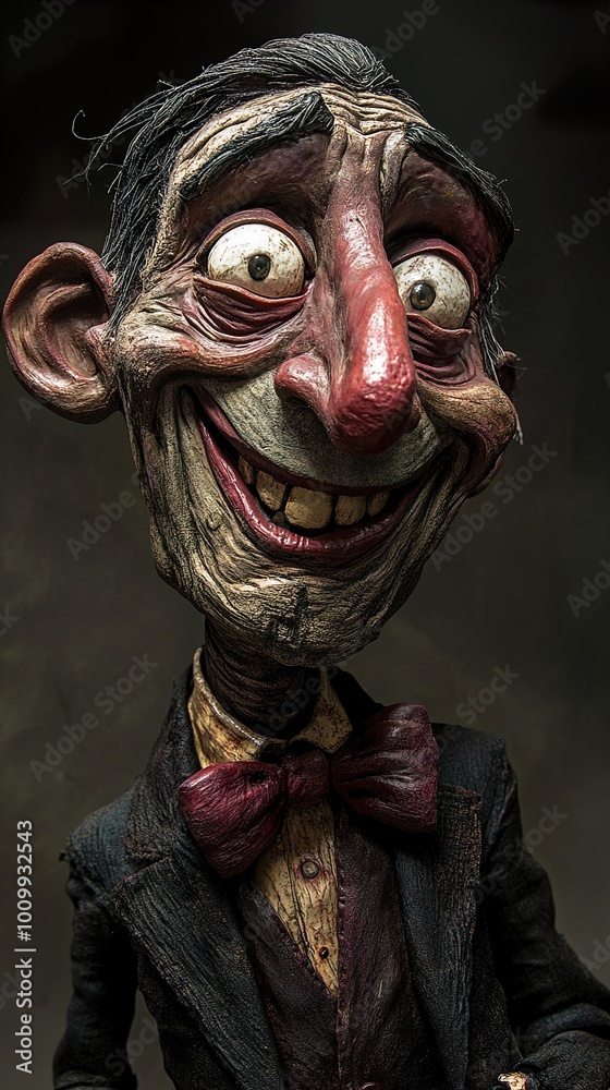 Creepy Puppet Sculpture with Expressive Face and Bowtie Creepy Puppet Sculpture with Expressive Face and Bowtie