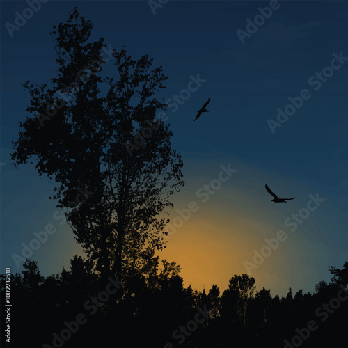 Beautiful landscape with tree in the blue sunset