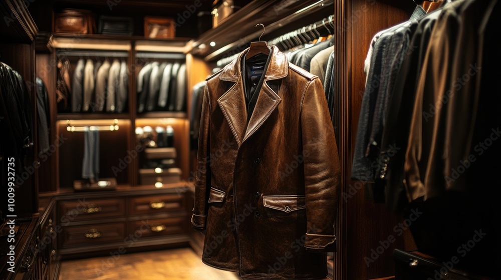 A luxurious leather coat hanging in a walk-in closet with polished wooden hangers and soft lighting, showcasing timeless style and refinement