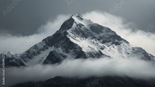 Abstract illustration background of a landscape scene showcase snowy jagged ridges mountains under a foggy dark them sky	