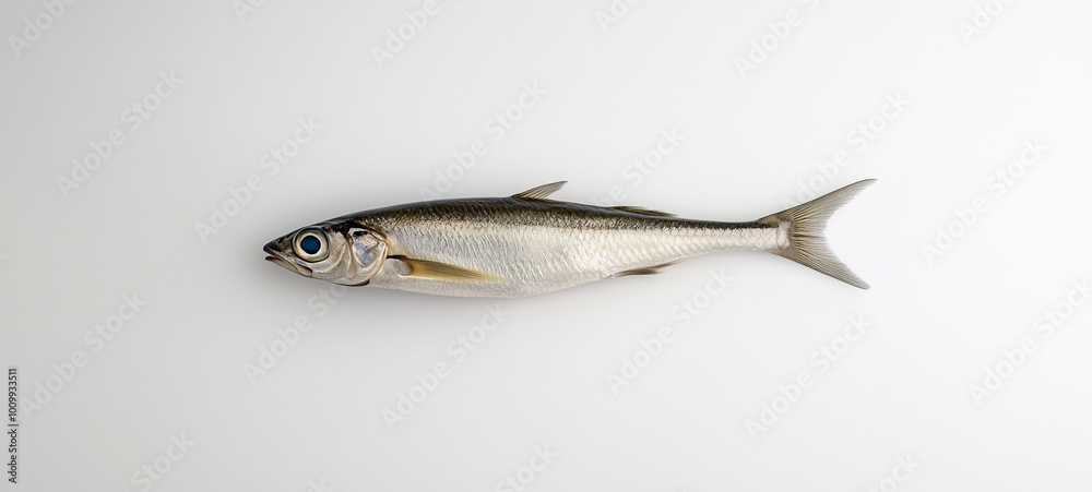 A small silver herring fish on a white background