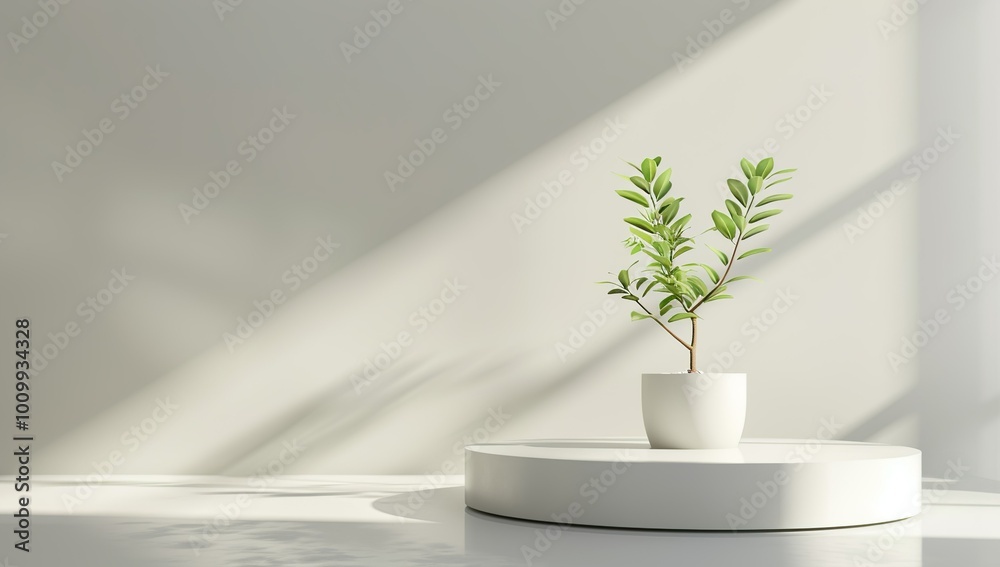 3D podium with copy space, one potted plant on top of a white round platform,... 3D podium with copy space, one potted plant on top of a white round platform,...
