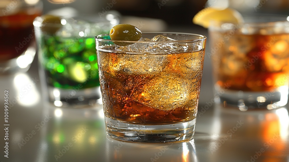 Close-up of a drink in a glass with ice and an olive on a table surrounded by other beverages Close-up of a drink in a glass with ice and an olive on a table surrounded by other beverages