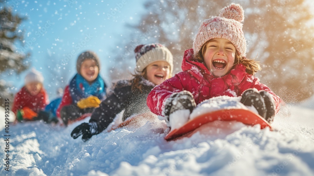 A group of cheerful children glides down a snow-covered hill on sleds, laughing and having fun under clear blue skies during a sunny winter day A group of cheerful children glides down a snow-covered hill on sleds, laughing and having fun under clear blue skies during a sunny winter day