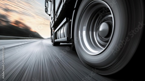 A close-up of a truck tire in motion on a highway, capturing speed and the essence of transportation.