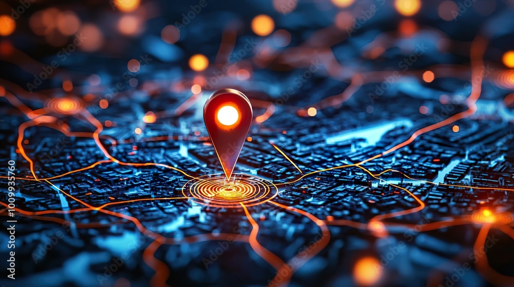 High-tech city map with glowing highlights and a location pin marking a spot, ideal for navigation and mapping themes.