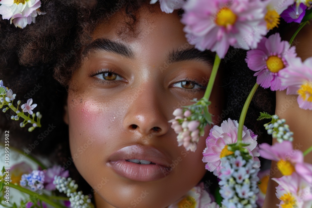 Beauty studio portrait of a woman showcasing natural skincare and organic products with flowers and plants for grooming and wellness Beauty studio portrait of a woman showcasing natural skincare and organic products with flowers and plants for grooming and wellness