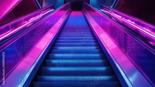 Neon-Lit Escalator in a Modern Setting