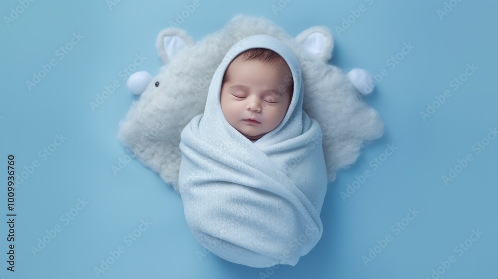 Newborn baby boy in bed. New born child sleeping under a blue knitted blanket. Neural network ai generated art Newborn baby boy in bed. New born child sleeping under a blue knitted blanket. Neural network ai generated art