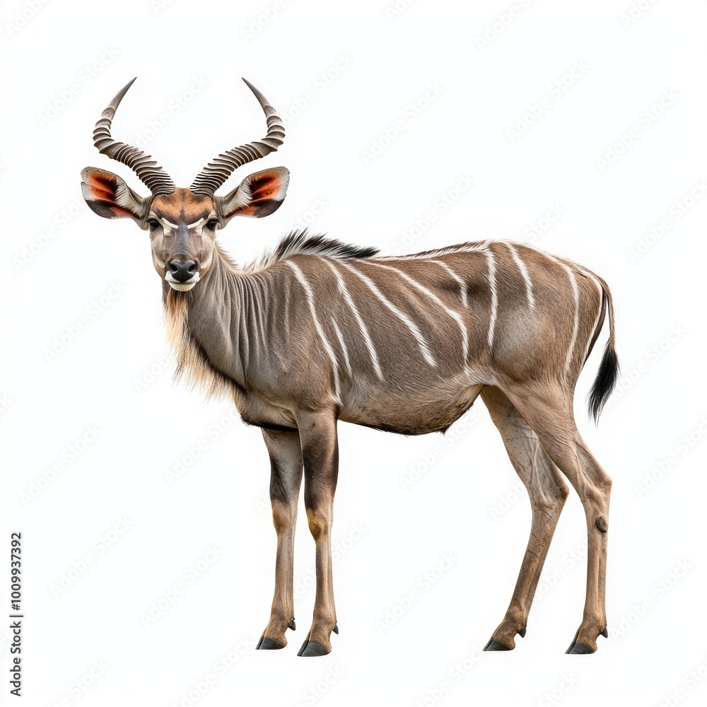 Fototapeta premium Exuding elegance, a lesser kudu stands tall, showcasing its beautifully striped coat and impressive long horns. The creature is set against a pristine white background, highlighting its features.
