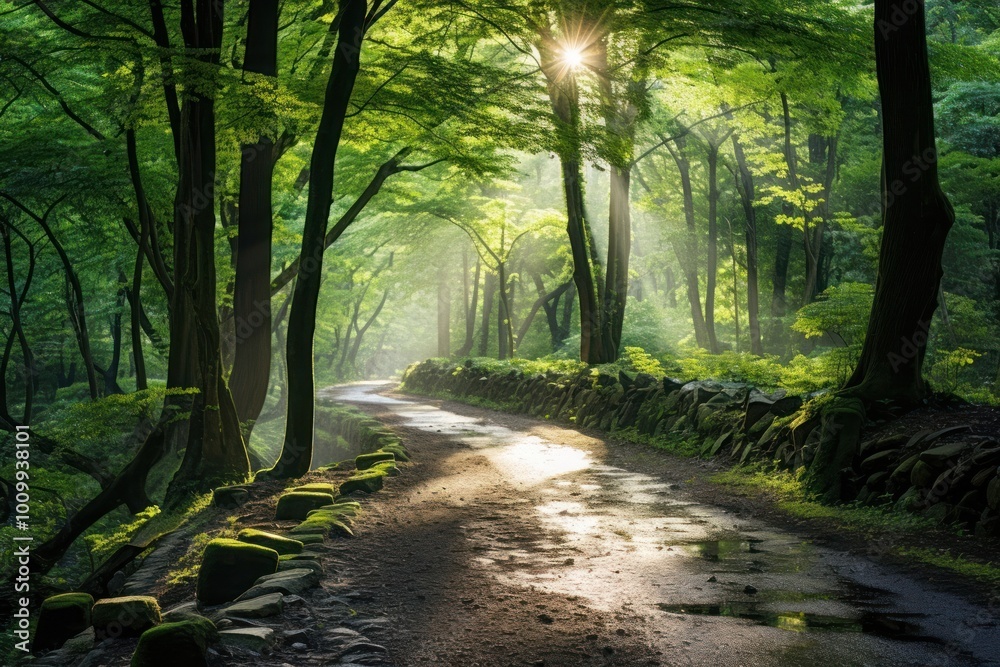 Fototapeta premium Green leafed tree sunlight outdoors woodland.