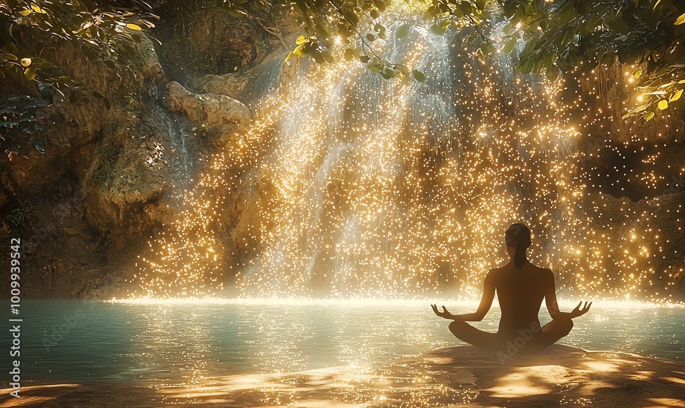 A serene image of an individual meditating by a waterfall that flows with sparkling light instead of water A serene image of an individual meditating by a waterfall that flows with sparkling light instead of water