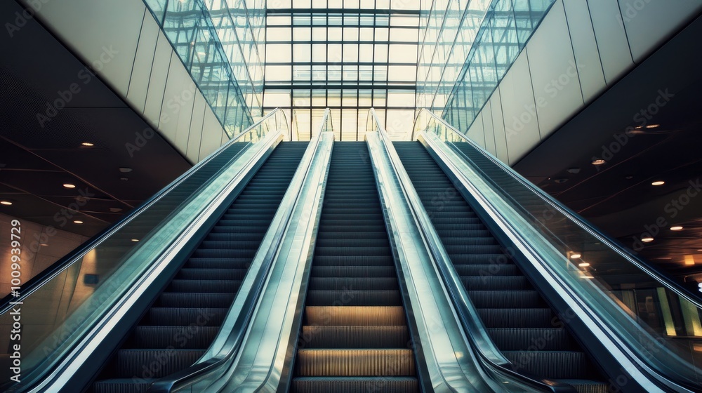 Two Parallel Escalators in a Modern Glass and Metal Building Two Parallel Escalators in a Modern Glass and Metal Building