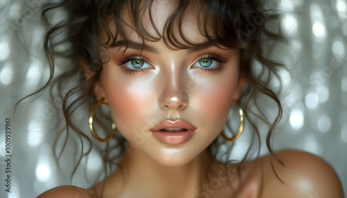 Enchanting portrait of a woman with shimmering glitter makeup, locking eyes with the camera in a mesmerizing gaze