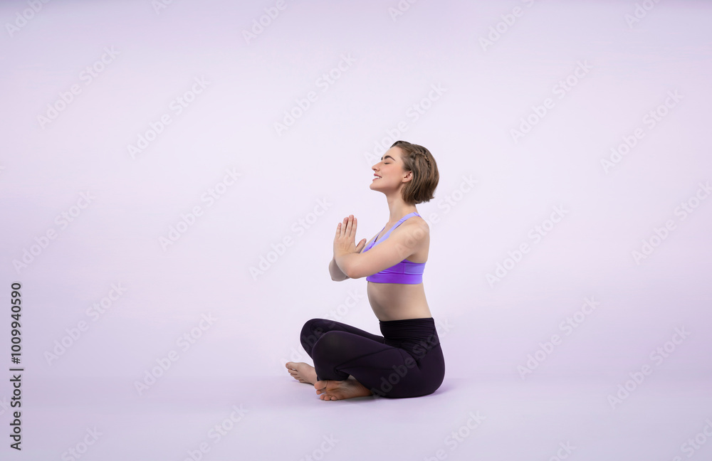 Full body length gaiety shot athletic and sporty woman doing healthy and meditative yoga exercise workout posture on isolated background. Healthy active and body care lifestyle Full body length gaiety shot athletic and sporty woman doing healthy and meditative yoga exercise workout posture on isolated background. Healthy active and body care lifestyle