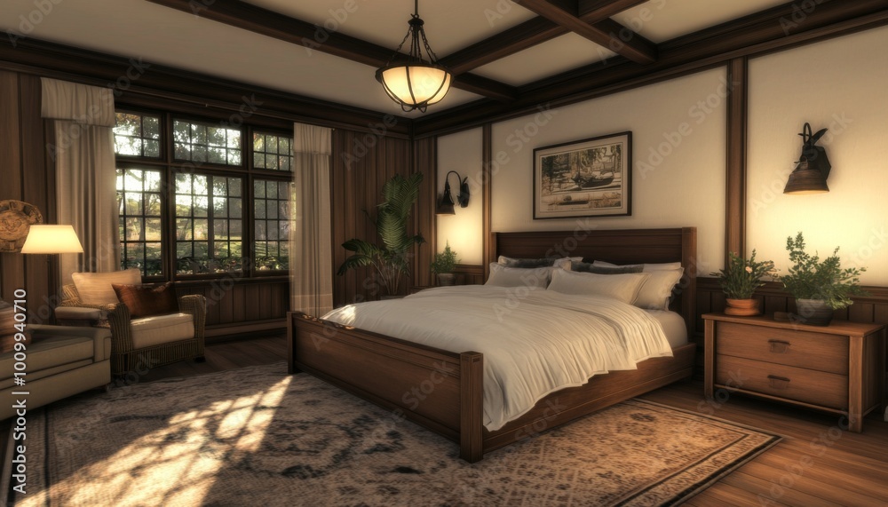 Cozy bedroom with a large bed, wooden furniture, and a window overlooking a garden. Cozy bedroom with a large bed, wooden furniture, and a window overlooking a garden.