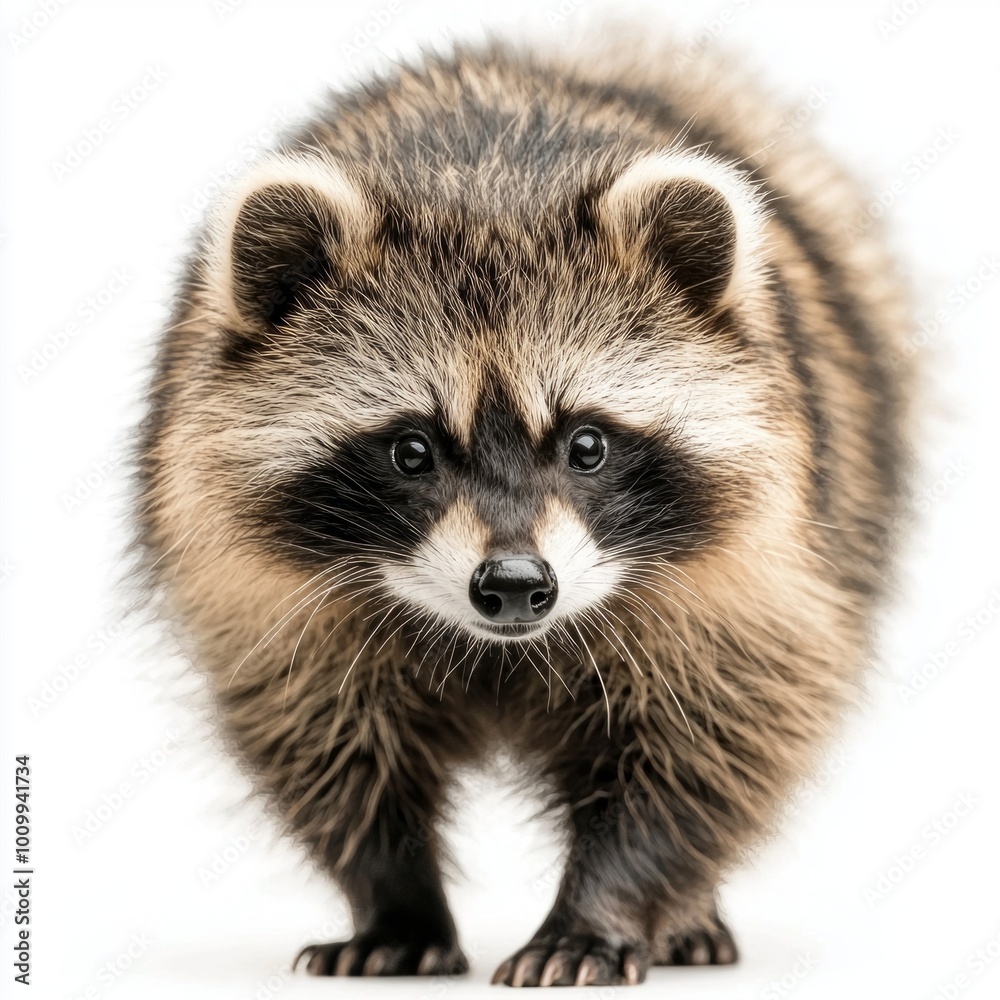 With its striking thick fur and bushy tail, a raccoon dog stands confidently in front of a white background, showcasing its unique features and captivating charm. With its striking thick fur and bushy tail, a raccoon dog stands confidently in front of a white background, showcasing its unique features and captivating charm.