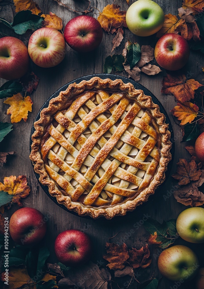 Homemade apple pie on a rustic wooden background with autumn leaves and apples. Homemade apple pie on a rustic wooden background with autumn leaves and apples.