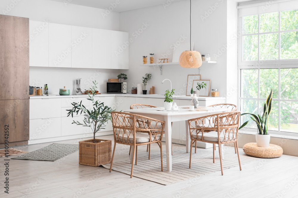 Fototapeta premium Interior of light dining room with table and wicker chairs