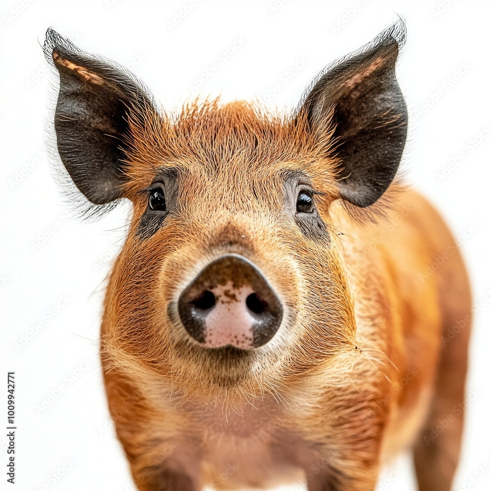 red river hog stands proudly, highlighting its distinctive facial markings and long snout, creating a captivating sight against the stark white backdrop. red river hog stands proudly, highlighting its distinctive facial markings and long snout, creating a captivating sight against the stark white backdrop.