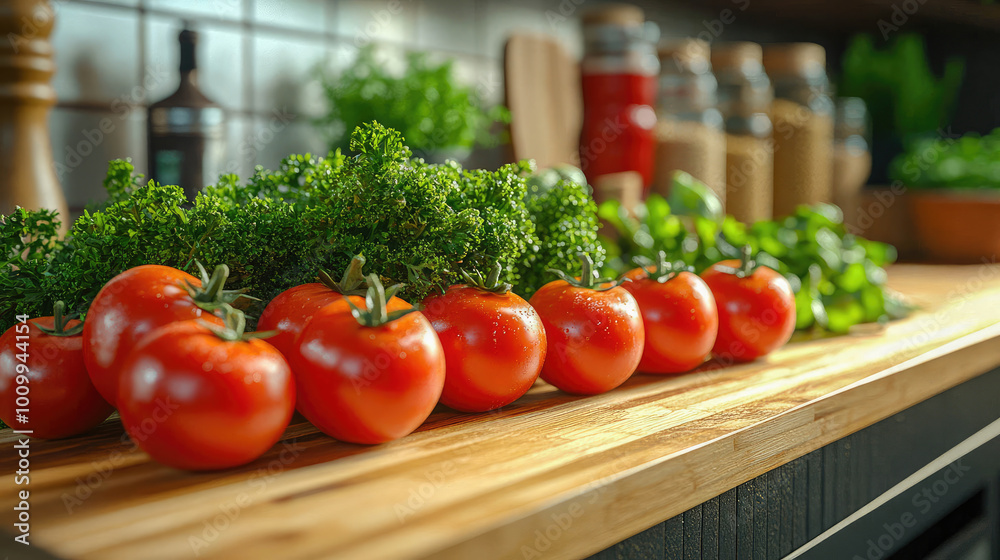 A vibrant close-up of fresh tomatoes and green vegetables arranged on a wooden board in a cozy kitchen setting A vibrant close-up of fresh tomatoes and green vegetables arranged on a wooden board in a cozy kitchen setting