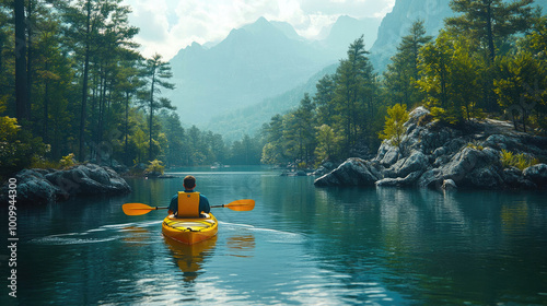 A man in a yellow kayak paddling in a crystal-clear mountain lake, surrounded by tall peaks and blue skies photo