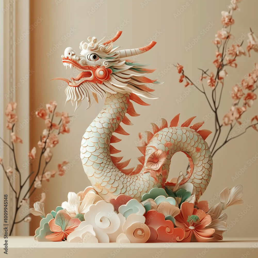 A dragon is sitting on a table with flowers and leaves. The dragon is white and has a green tail A dragon is sitting on a table with flowers and leaves. The dragon is white and has a green tail