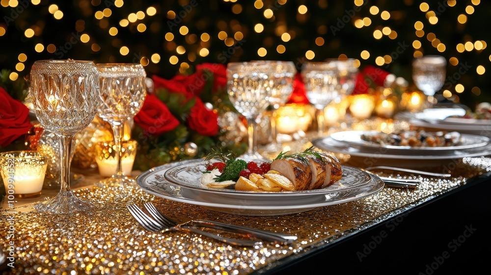 Elegant Dining Table Set-Up with Fine China, Crystal Glasses, Gourmet Foods, and Candlelight Ambiance Elegant Dining Table Set-Up with Fine China, Crystal Glasses, Gourmet Foods, and Candlelight Ambiance