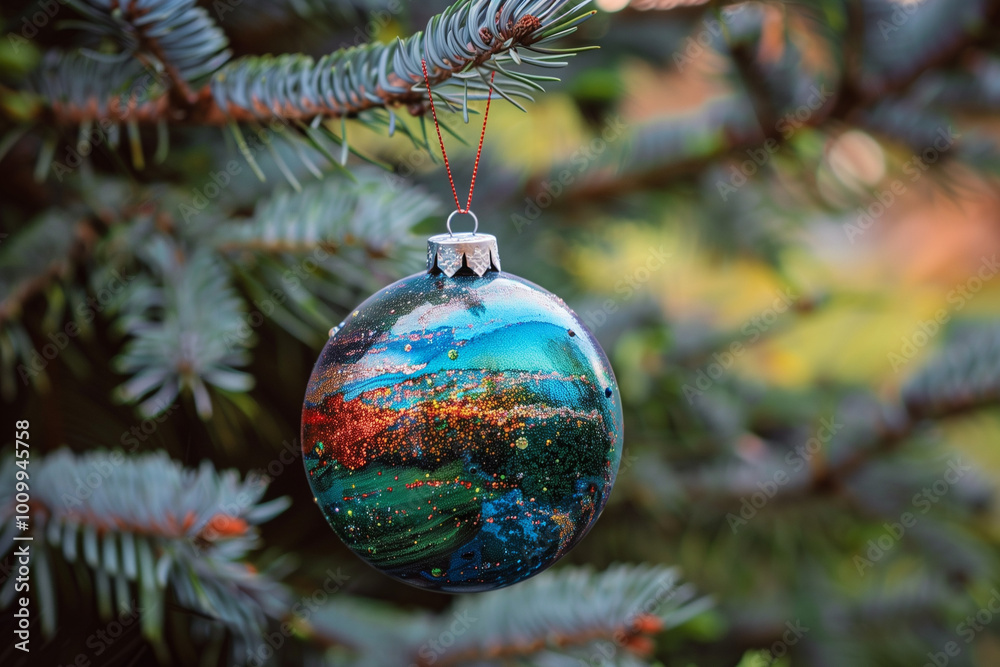 Obraz premium Christmas Ball Christmas Tree Reflective Ornament Hanging Among Pine Branches for a Shiny Festive Holiday Home Display