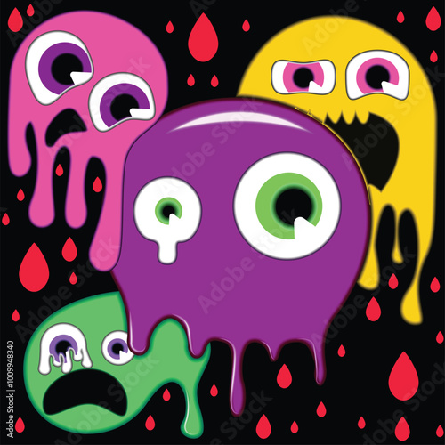 Monsters colorful splats in black background