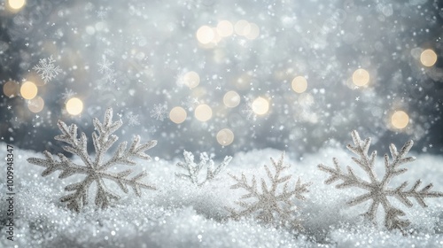 A serene winter landscape displays intricate silver snowflakes amidst a blanket of sparkling snow, creating a magical festive atmosphere filled with soft, glowing lights