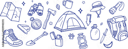 Hand drawn camping and hiking elements, isolated on white background. Cute background full of icons