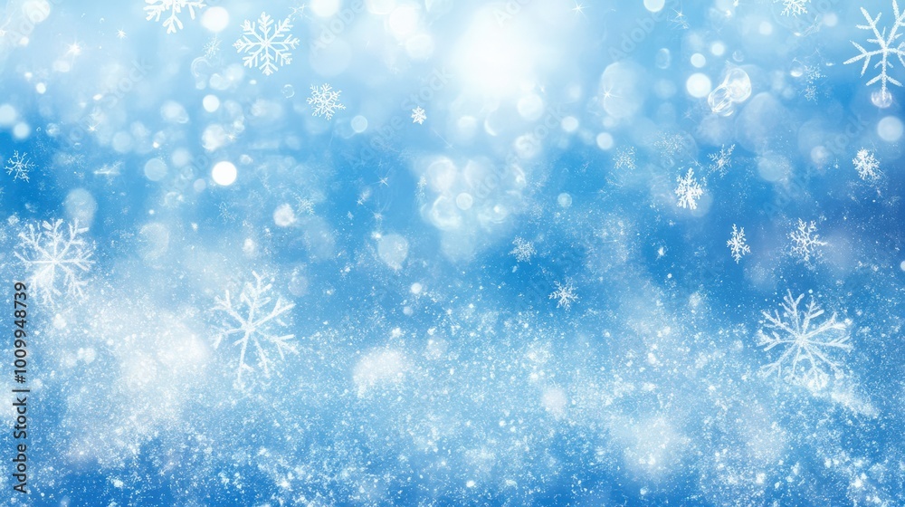 This frosty blue and white background features shimmering lights and delicate snowflakes, creating a magical winter vibe perfect for holiday decorations and seasonal celebrations This frosty blue and white background features shimmering lights and delicate snowflakes, creating a magical winter vibe perfect for holiday decorations and seasonal celebrations